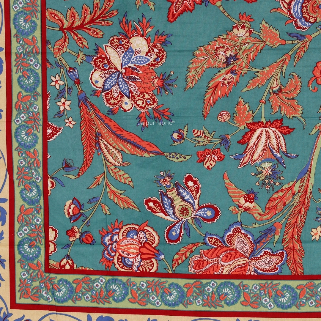 Turquoise Blue Royal Paisley Vine Pure Cotton King Size Bedsheet