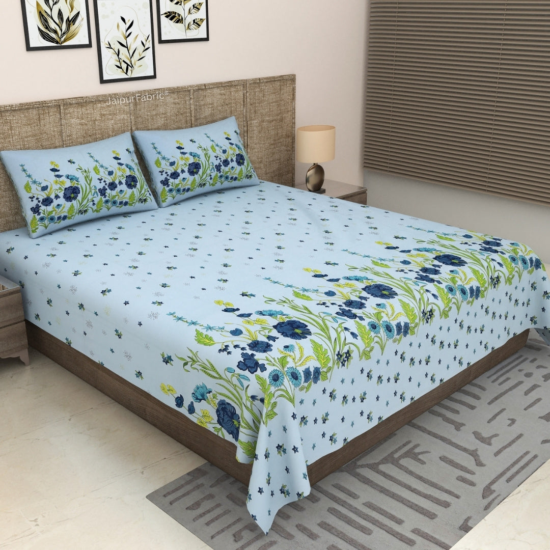 Sky Blue Poppies in Bloom Pure Cotton King Size Bedsheet