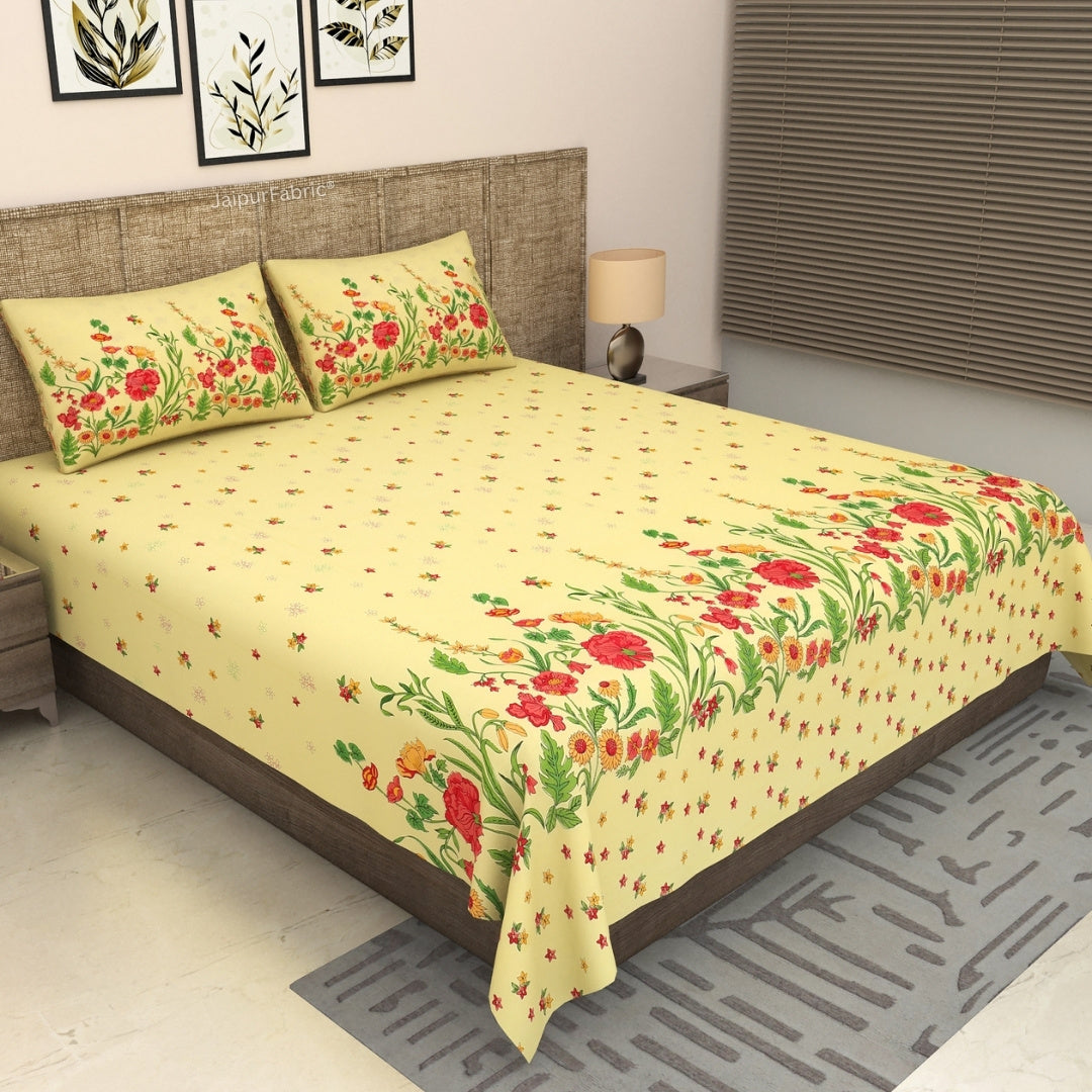 Pale Yellow Poppies in Bloom Pure Cotton King Size Bedsheet