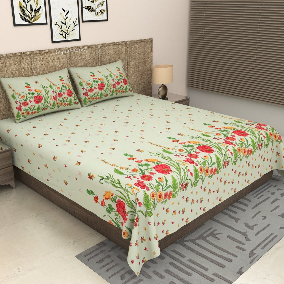 Mint Green Poppies in Bloom Pure Cotton King Size Bedsheet