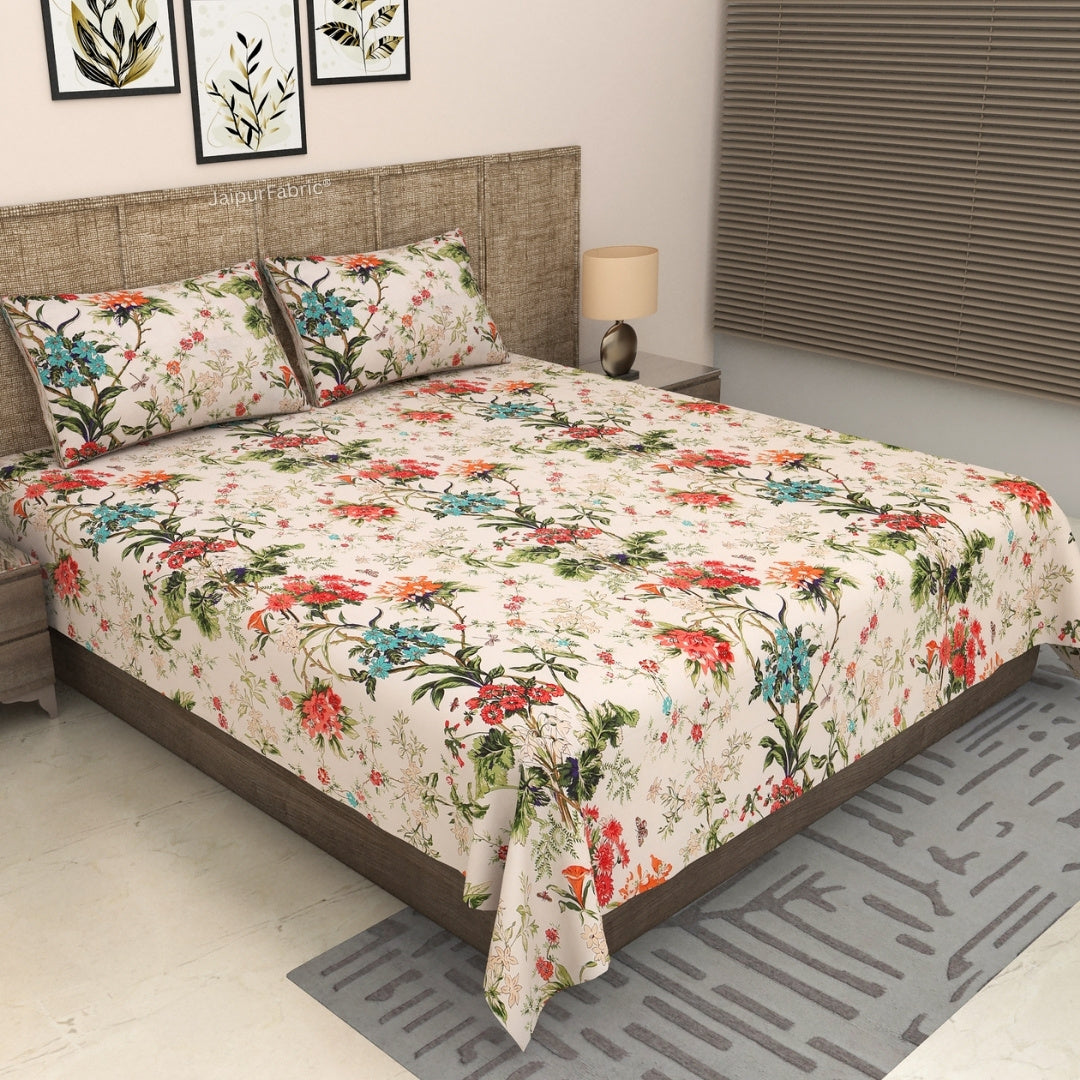 Off-White Tropical Floral Bouquet Pure Cotton King Size Bedsheet