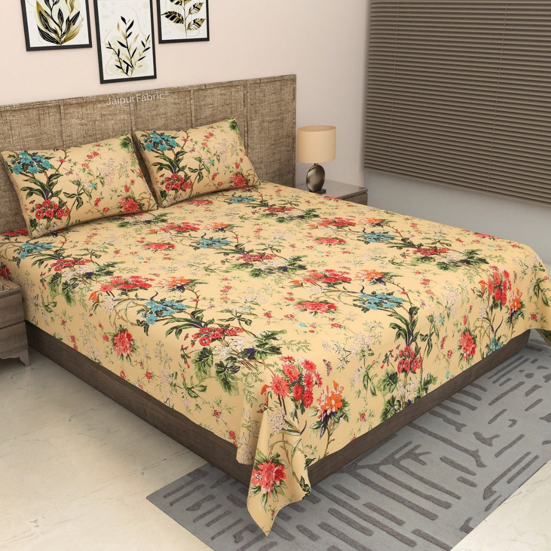Golden Beige Tropical Floral Bouquet Pure Cotton King Size Bedsheet