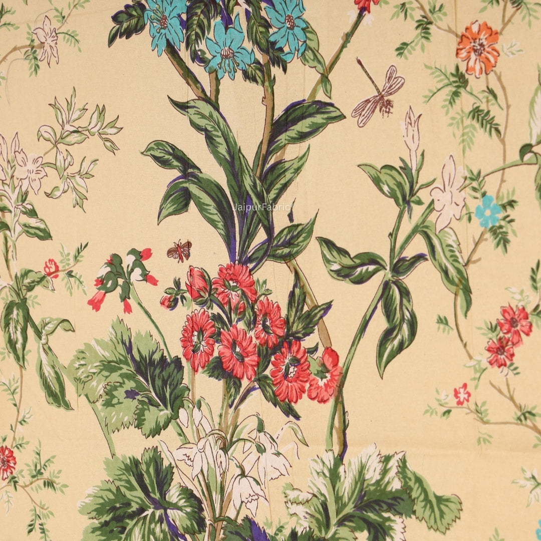 Golden Beige Tropical Floral Bouquet Pure Cotton King Size Bedsheet