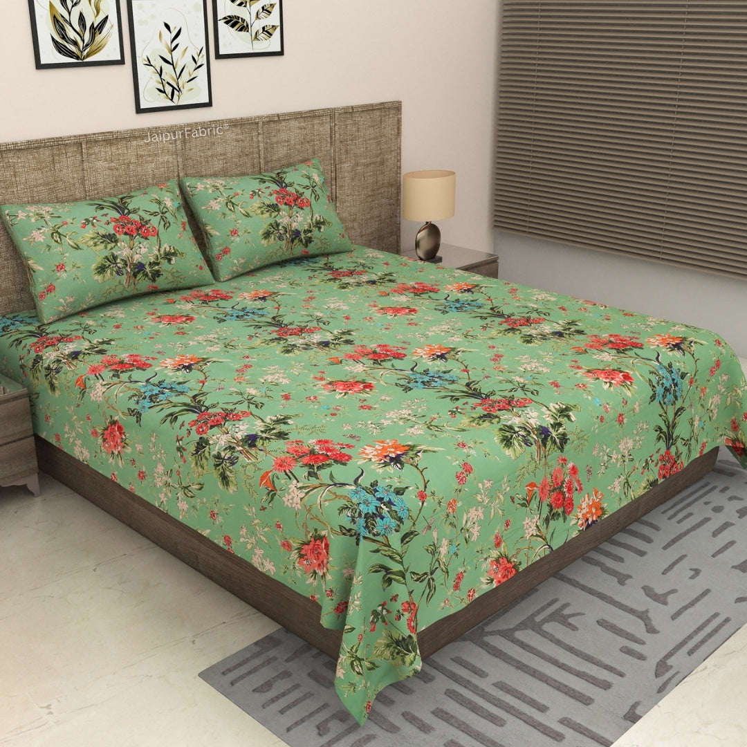 Pistachio Green Tropical Floral Bouquet Pure Cotton King Size Bedsheet