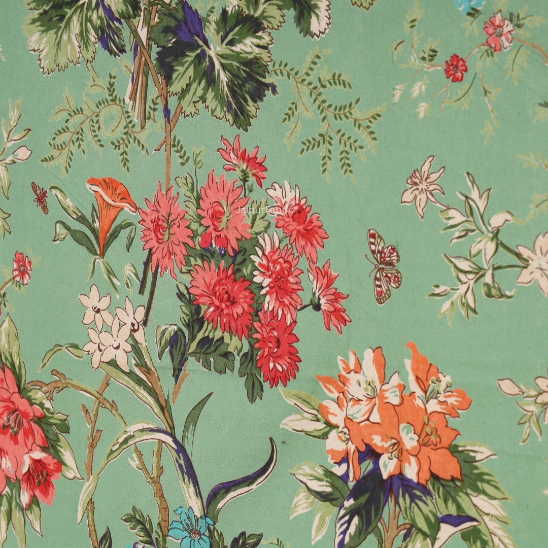 Pistachio Green Tropical Floral Bouquet Pure Cotton King Size Bedsheet