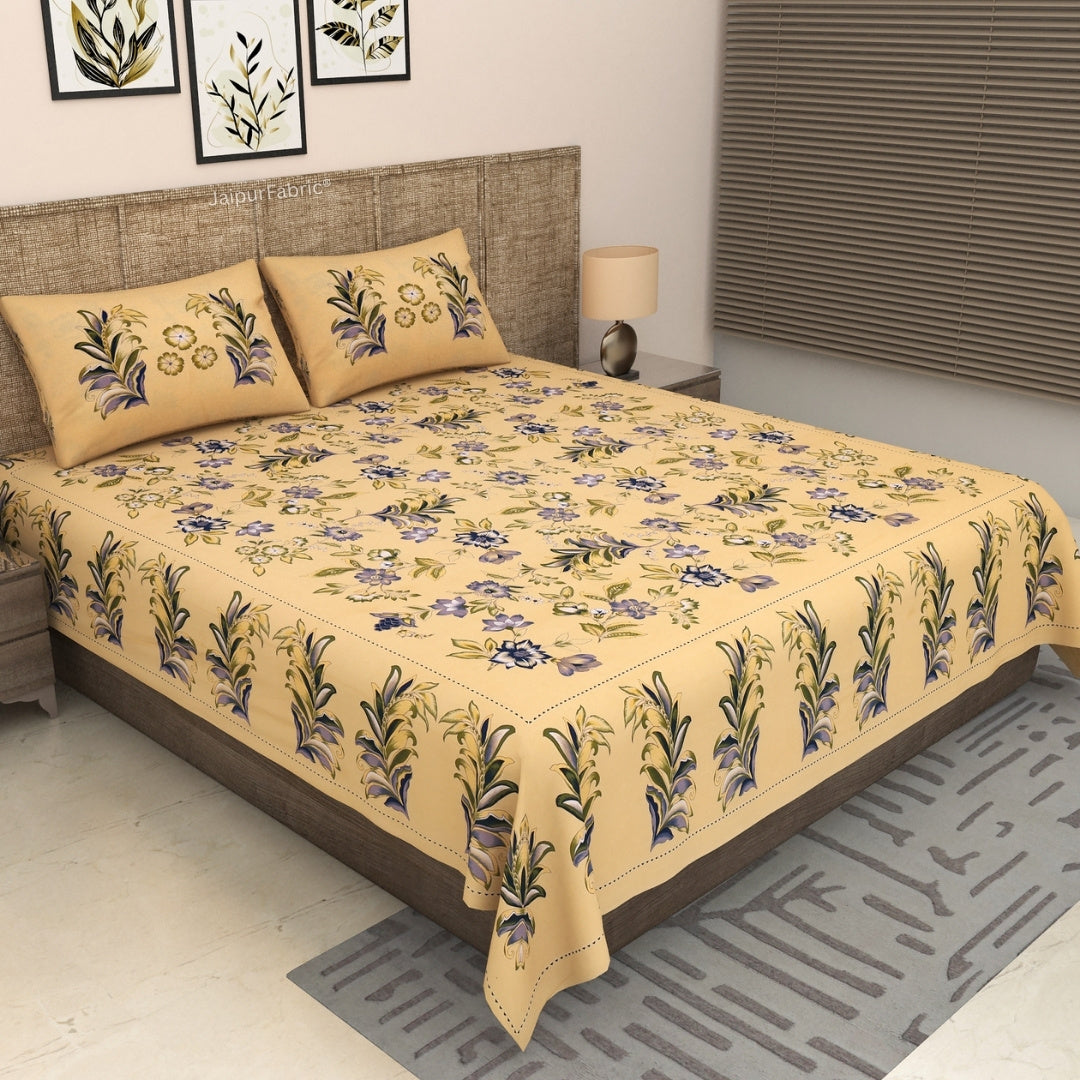 Sand Beige Majestic Fern Leaf Pure Cotton King Size Bedsheet