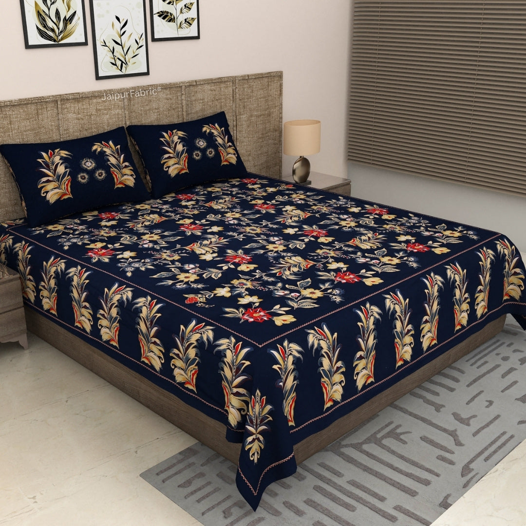 Midnight Blue Majestic Fern Leaf Pure Cotton King Size Bedsheet