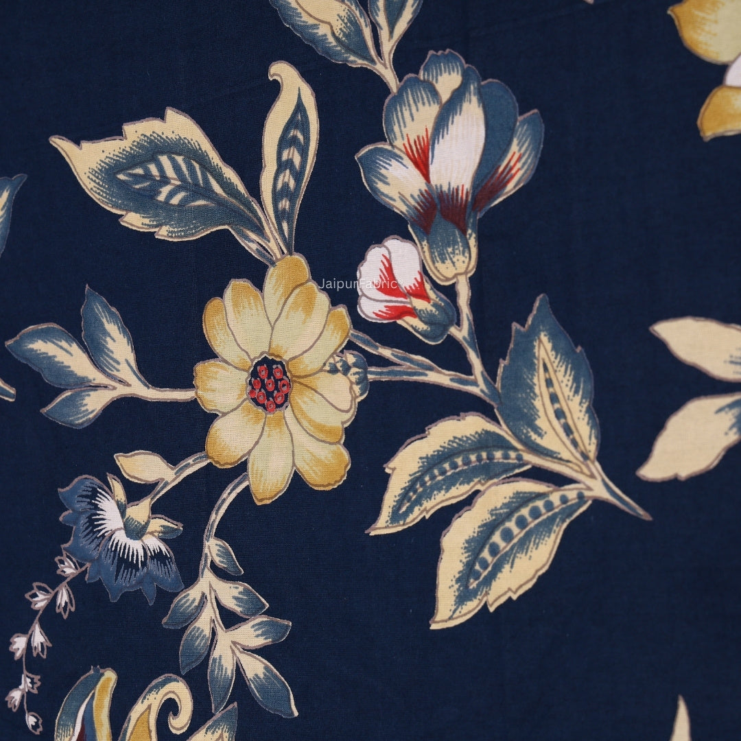 Midnight Blue Majestic Fern Leaf Pure Cotton King Size Bedsheet