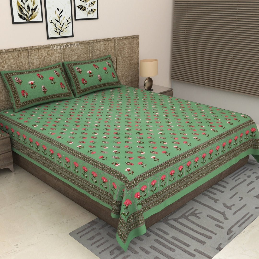 Sage Green Royal Rose Buti Pure Cotton King Size Bedsheet