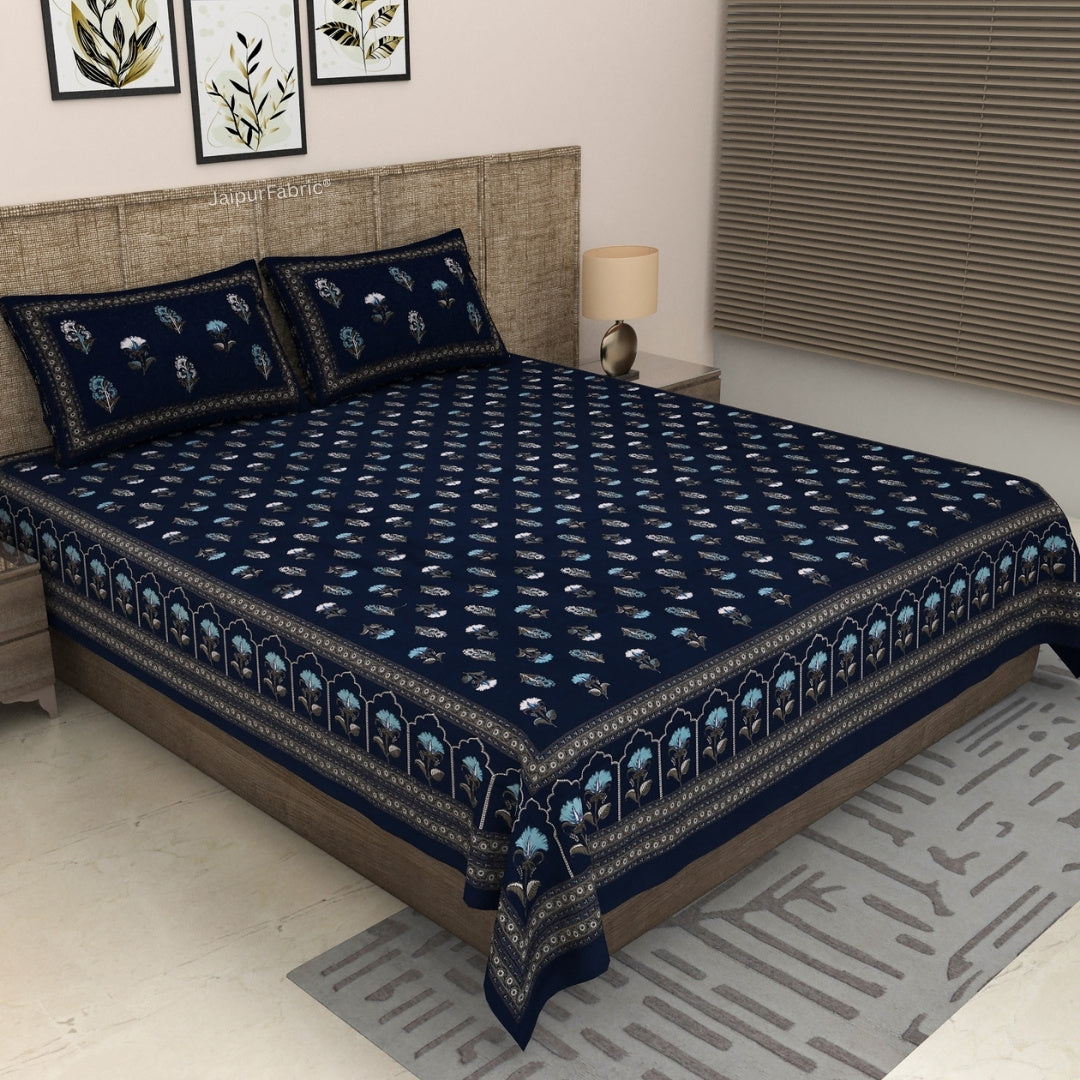 Navy Blue Royal Rose Buti Pure Cotton King Size Bedsheet