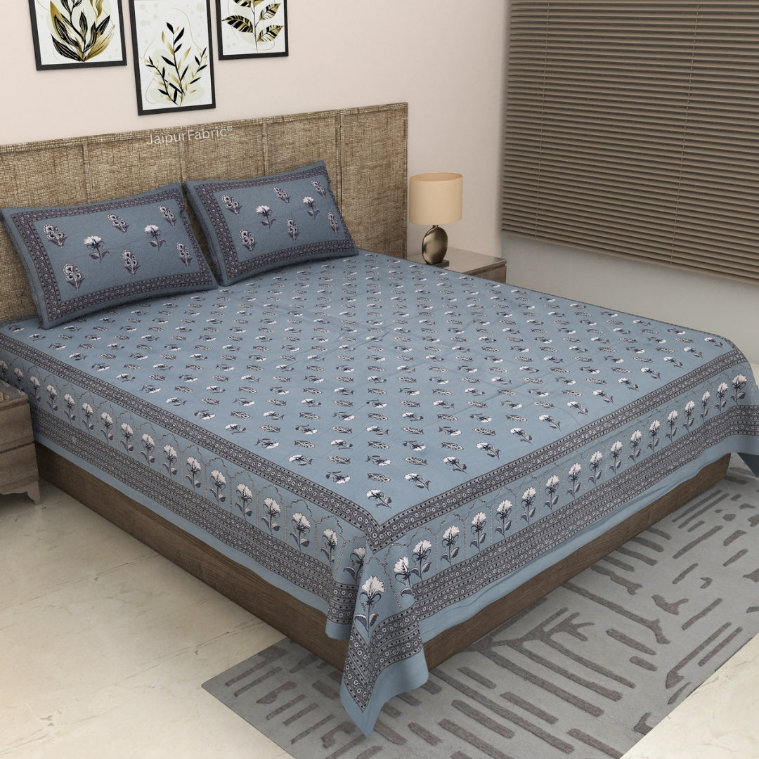 Dusty Blue Royal Rose Buti Pure Cotton King Size Bedsheet