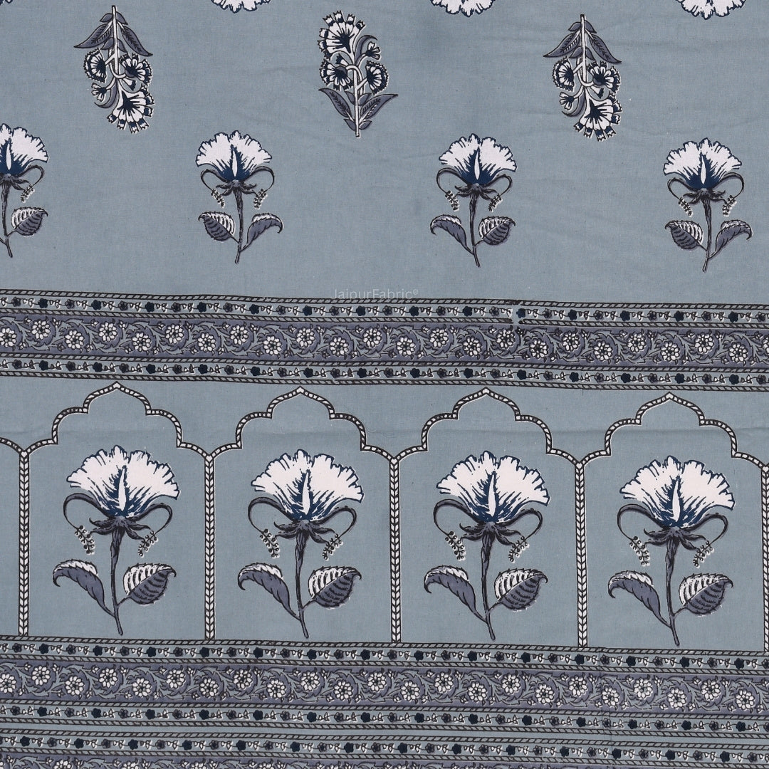 Dusty Blue Royal Rose Buti Pure Cotton King Size Bedsheet
