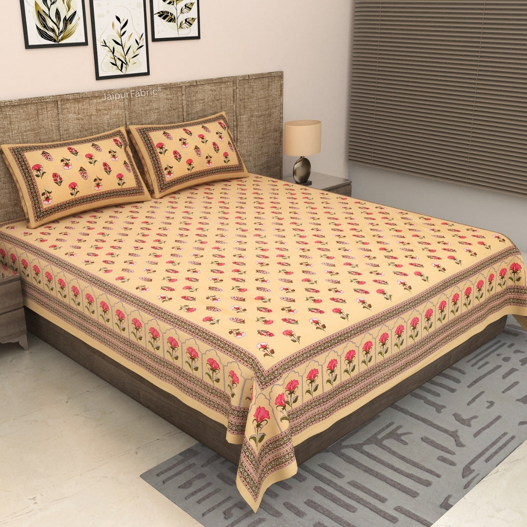 Creamy Peach Royal Rose Buti Pure Cotton King Size Bedsheet
