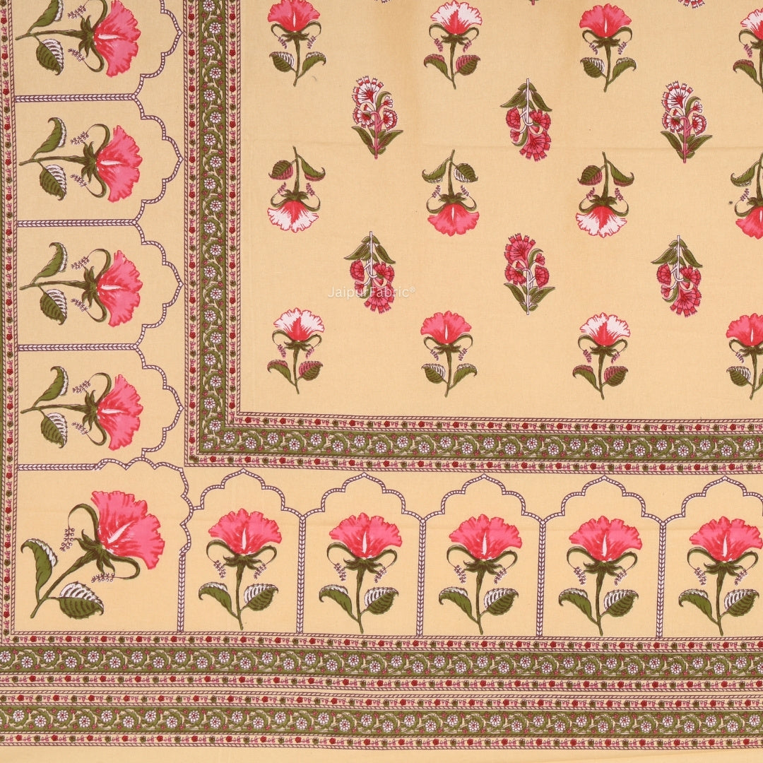 Creamy Peach Royal Rose Buti Pure Cotton King Size Bedsheet