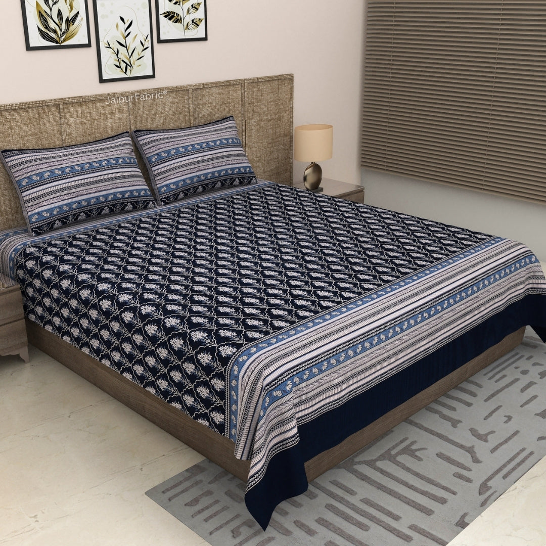 Deep Indigo Ornate Lattice Geometry Pure Cotton King Size Bedsheet