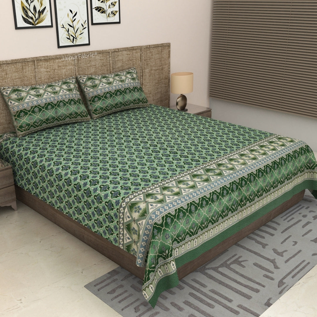 Forest Green Ornate Lattice Geometry Pure Cotton King Size Bedsheet