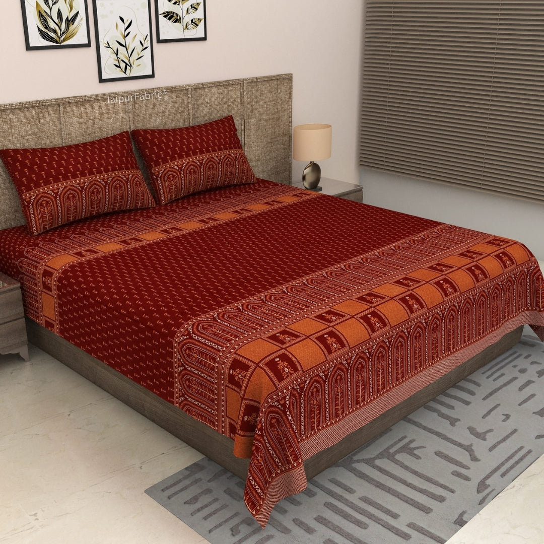 Maroon & Rust Heritage Arch Motif Pure Cotton King Size Bedsheet