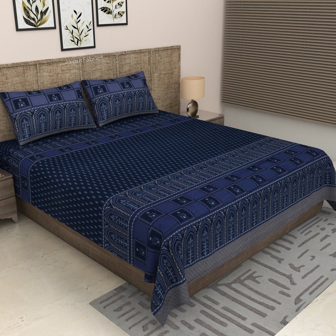 Navy & Cobalt Heritage Arch Motif Pure Cotton King Size Bedsheet