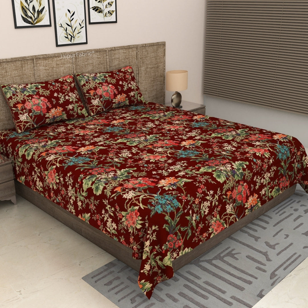 Deep Wine Enchanted Forest Floral Pure Cotton King Size Bedsheet