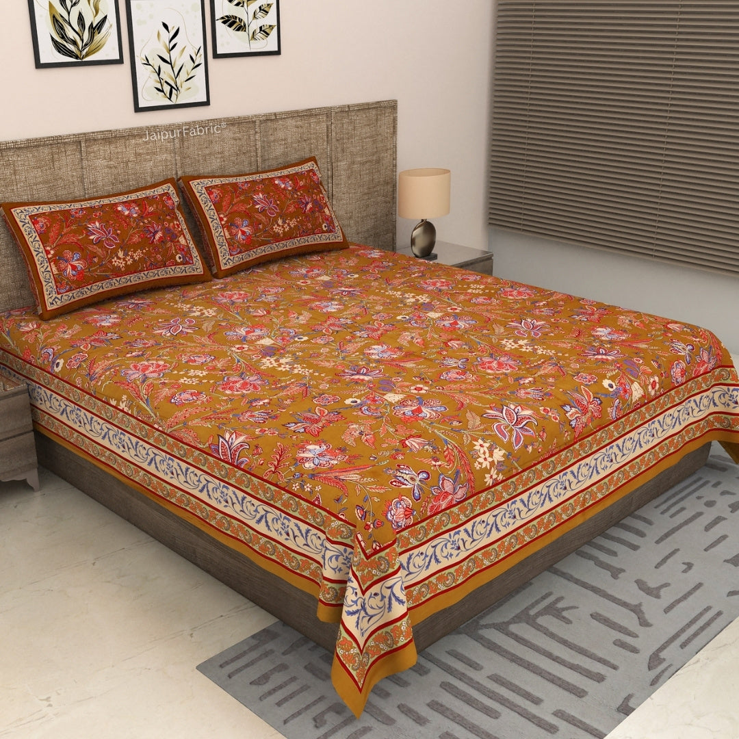 Mustard Brown Royal Paisley Vine Pure Cotton King Size Bedsheet
