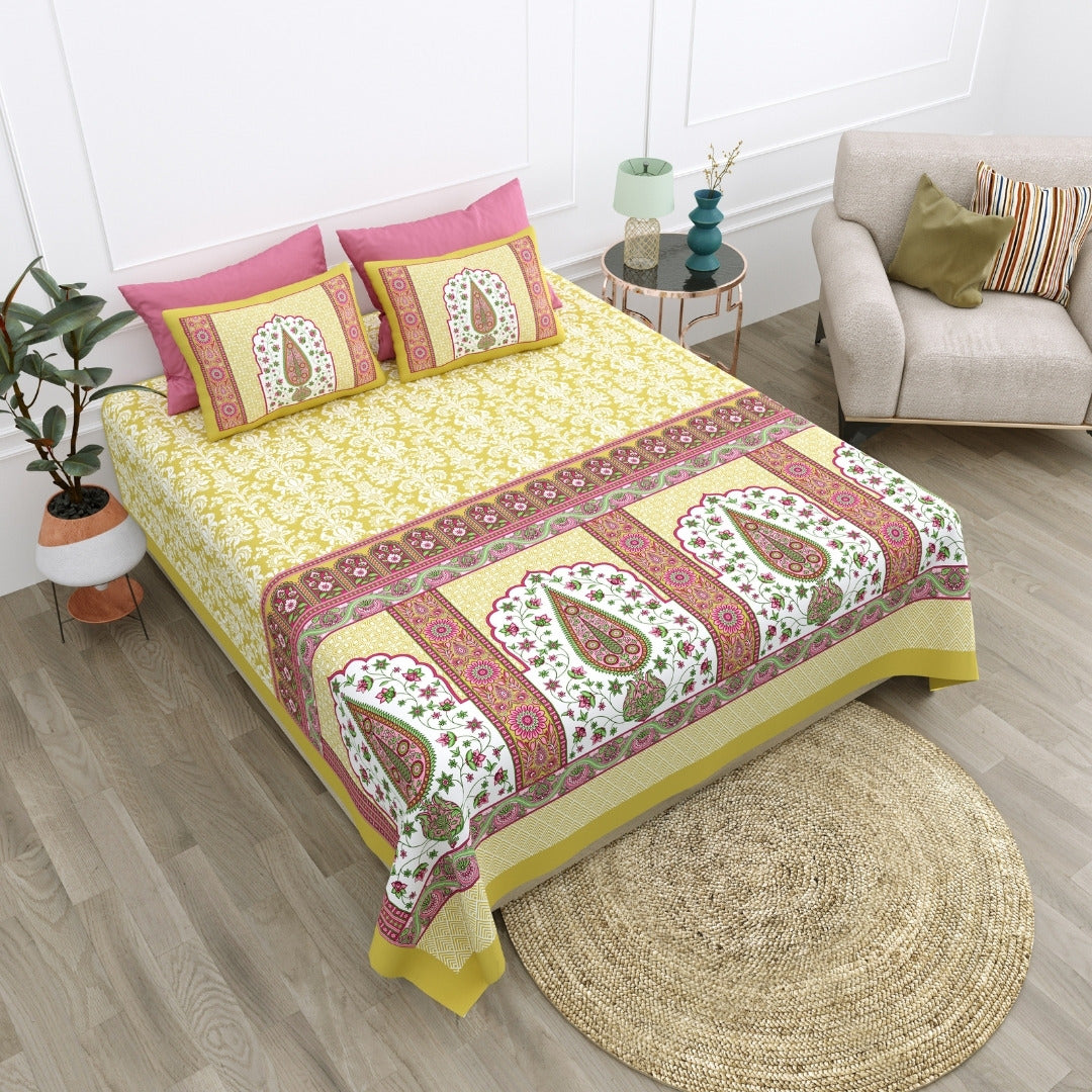 Royal Charm Paisley Booti Jaipuri Lemon Yellow 240 TC Cotton King Size Bedsheet