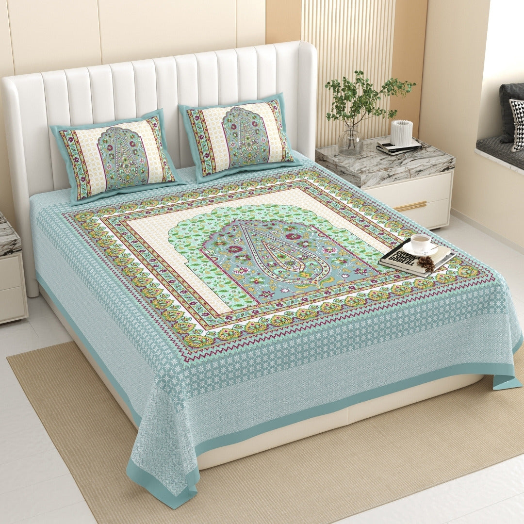 Royal Paisley Mandala Jaipuri Sky Blue 240 TC Cotton King Size Bedsheet