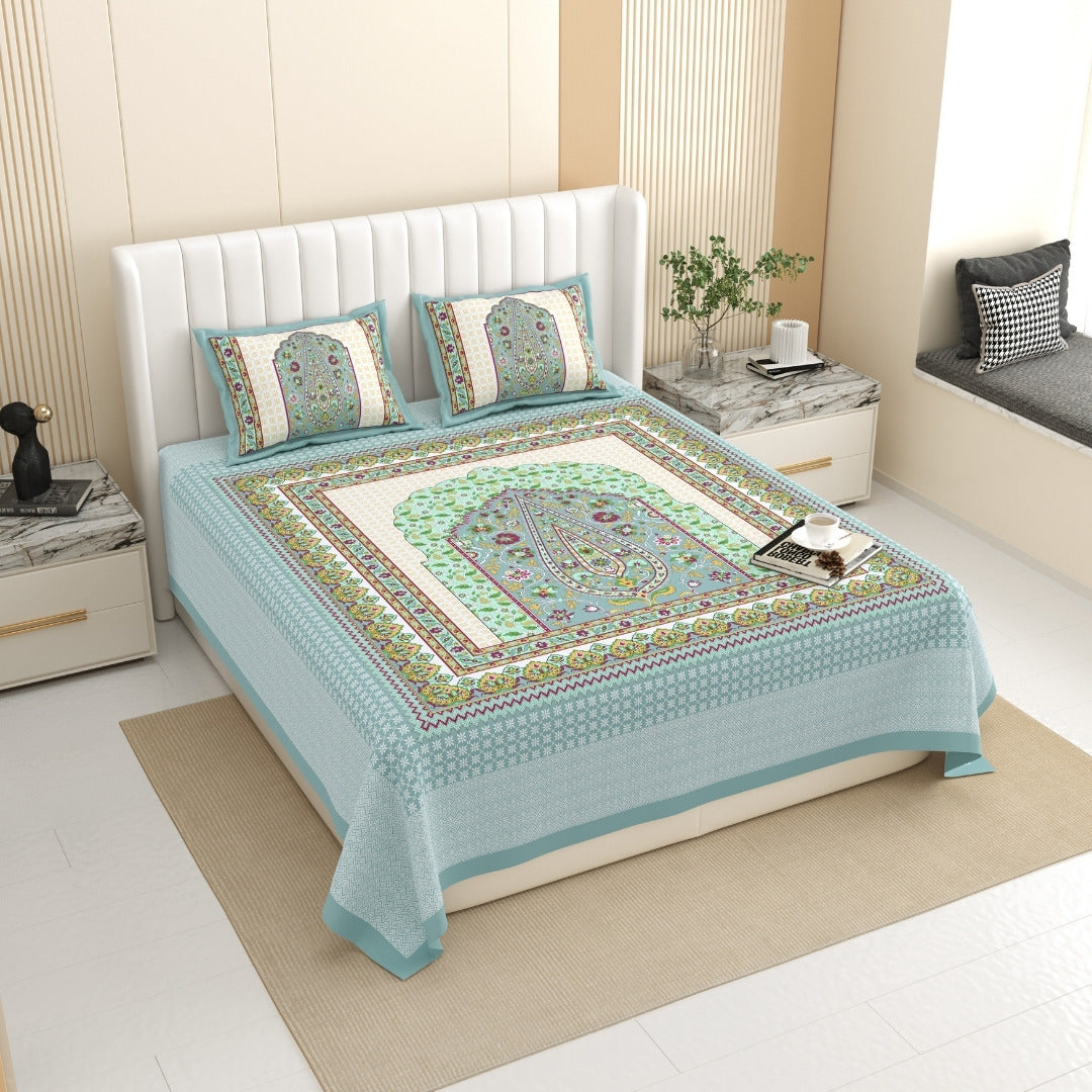 Royal Paisley Mandala Jaipuri Sky Blue 240 TC Cotton King Size Bedsheet