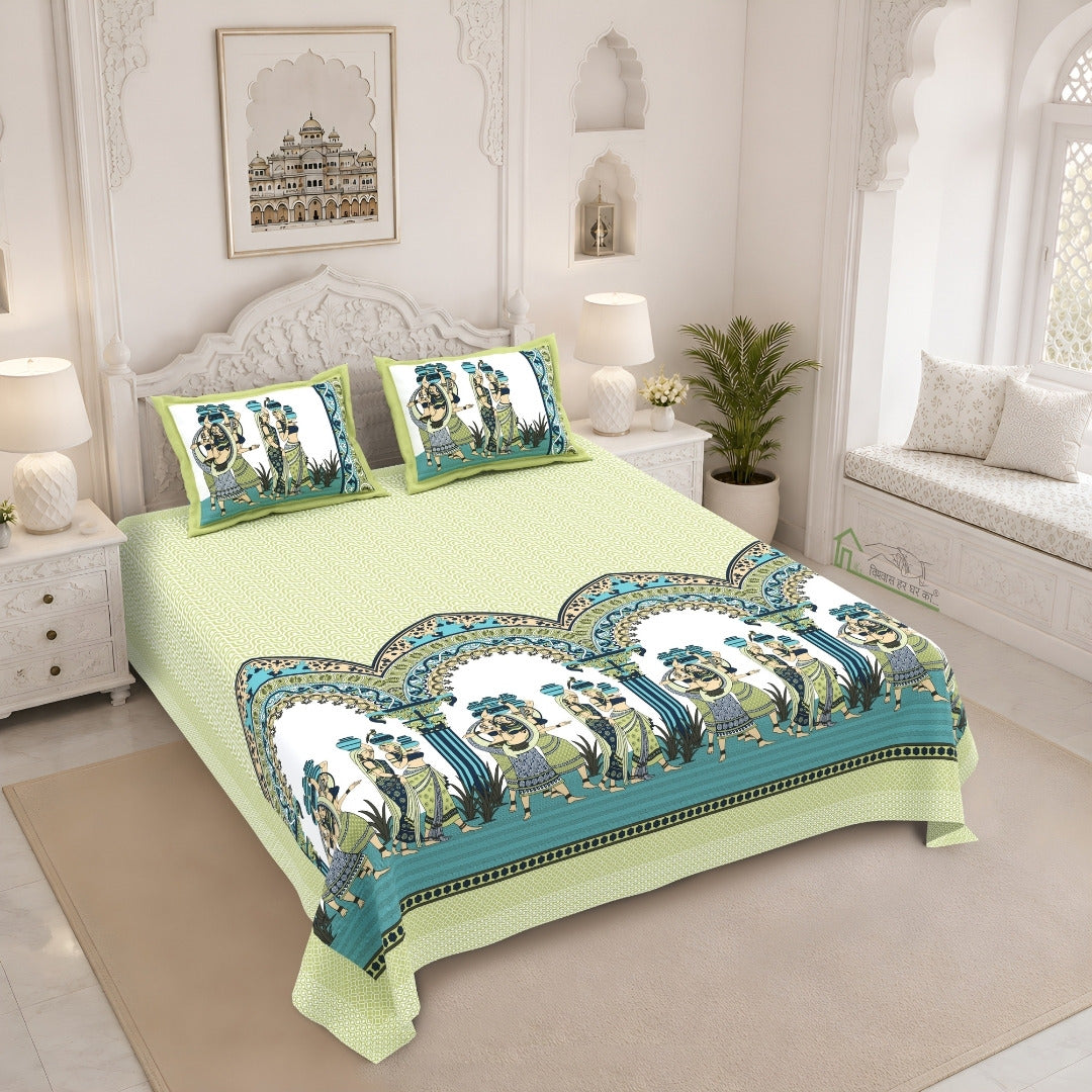 Rajasthani Tribal Dance Jaipuri Print Pista Green 240 TC Cotton King Size Bedsheet