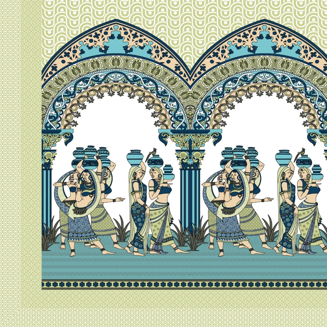 Rajasthani Tribal Dance Jaipuri Print Pista Green 240 TC Cotton King Size Bedsheet