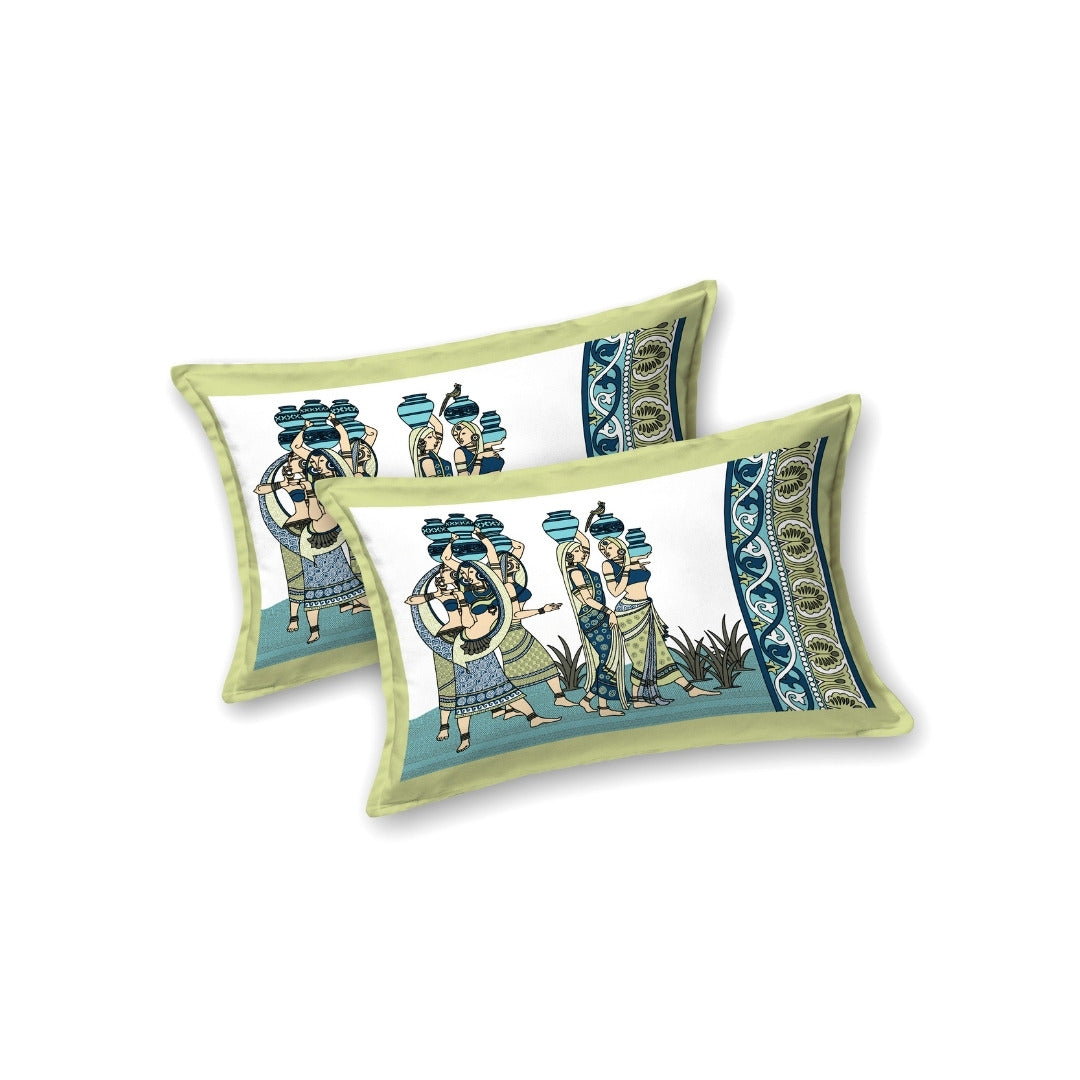 Rajasthani Tribal Dance Jaipuri Print Pista Green 240 TC Cotton King Size Bedsheet