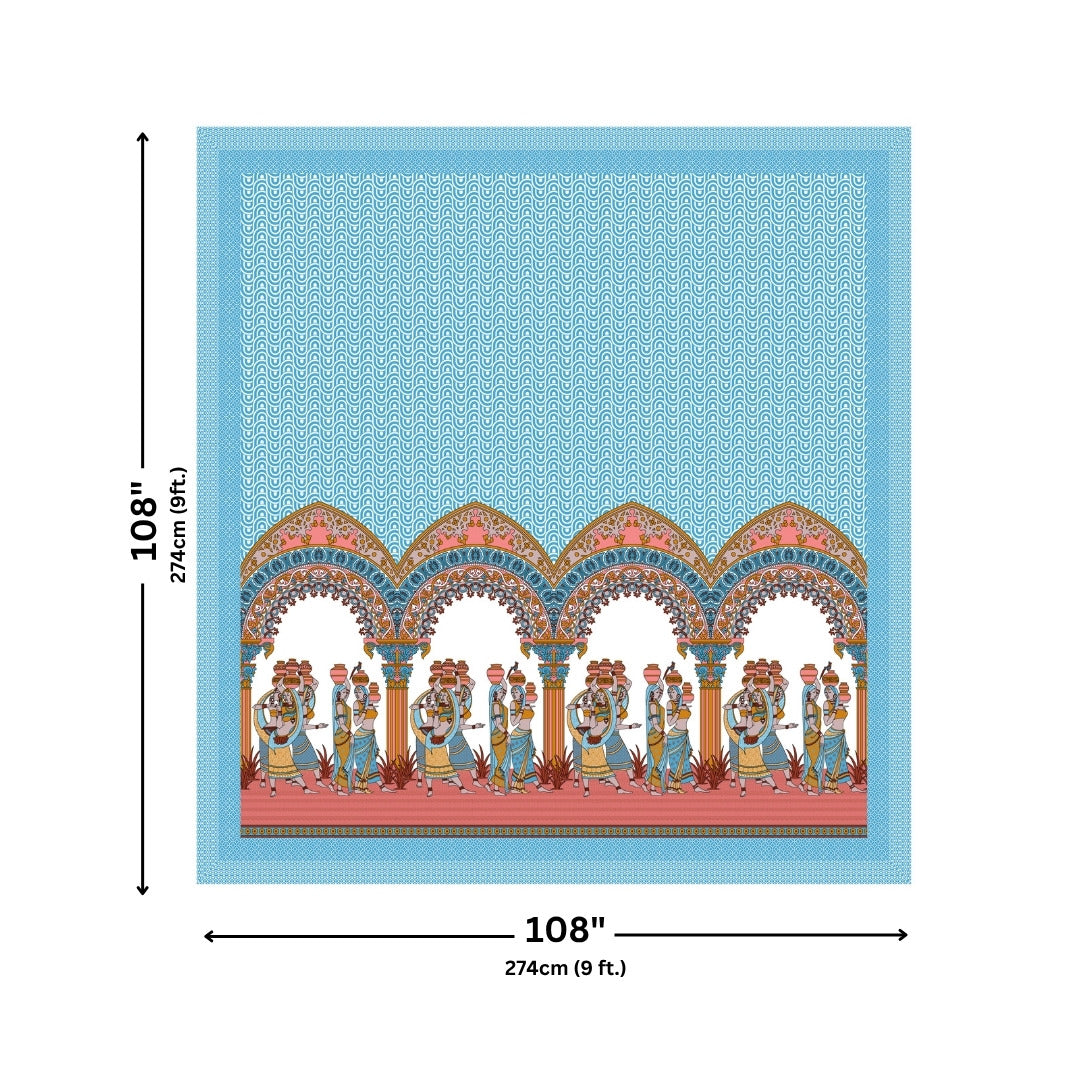 Rajasthani Tribal Dance Jaipuri Print Sky Blue 240 TC Cotton King Size Bedsheet