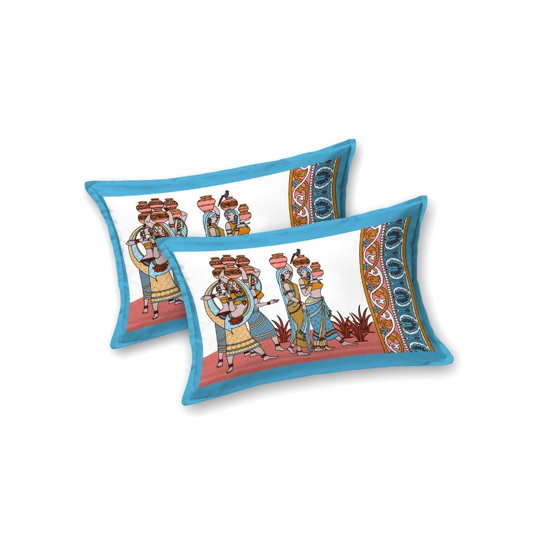 Rajasthani Tribal Dance Jaipuri Print Sky Blue 240 TC Cotton King Size Bedsheet