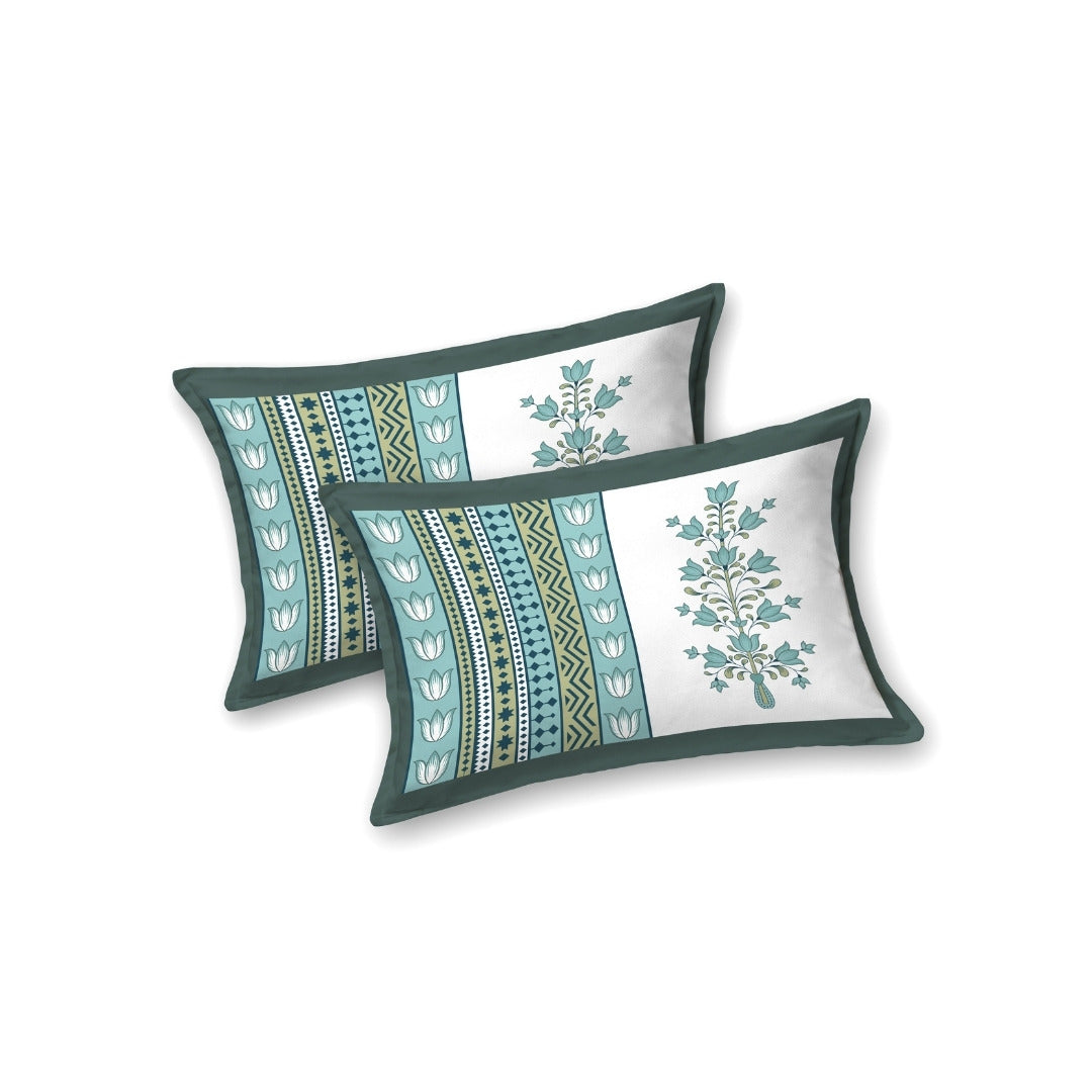 Tulip Bunch Jaipuri Print Teal Green 240 TC Cotton King Size Bedsheet