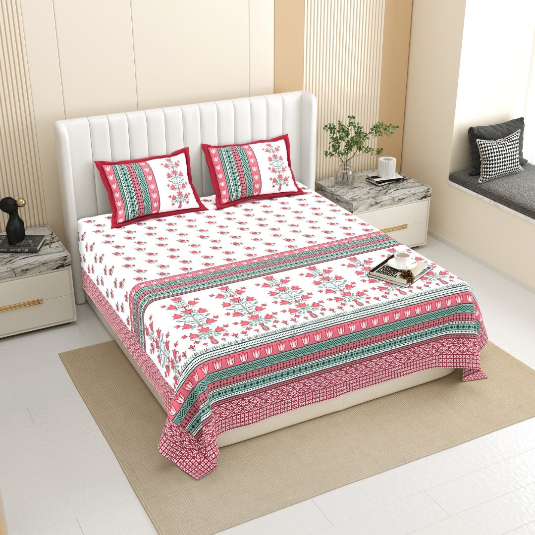 Tulip Bunch Jaipuri Print Pink Maroon 240 TC Cotton King Size Bedsheet