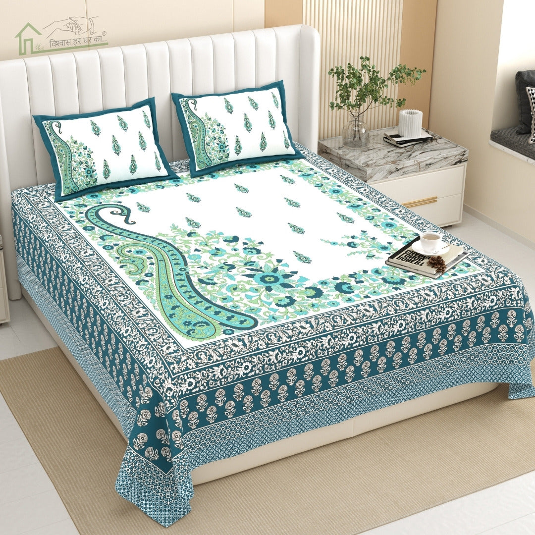 Ambi Paisley Floral Jaipuri Teal Blue 240 TC Cotton King Size Bedsheet