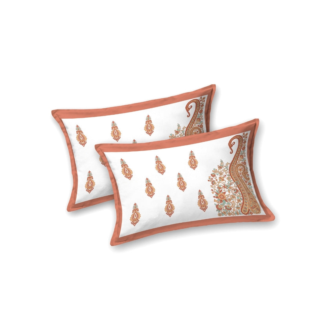 Ambi Paisley Floral Jaipuri Coral Orange 240 TC Cotton King Size Bedsheet
