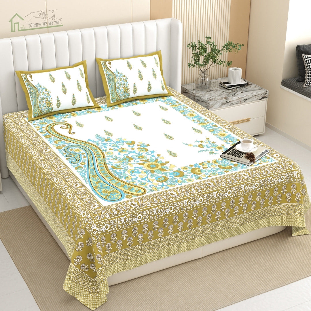 Ambi Paisley Floral Jaipuri Olive Gold 240 TC Cotton King Size Bedsheet