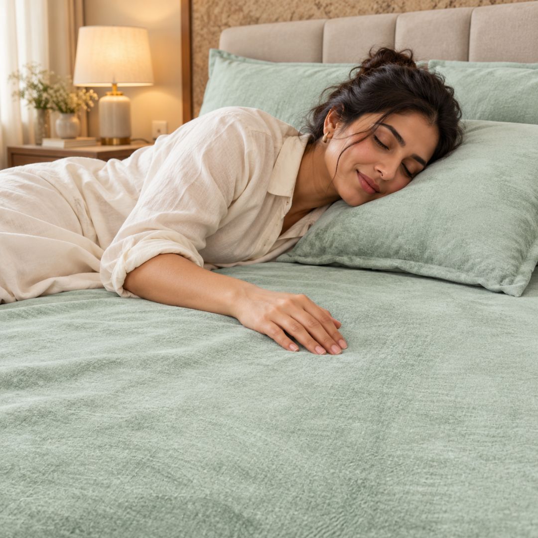 Rustic Mint Super Soft Woolen Double Bedsheet with Matching Pillow Covers