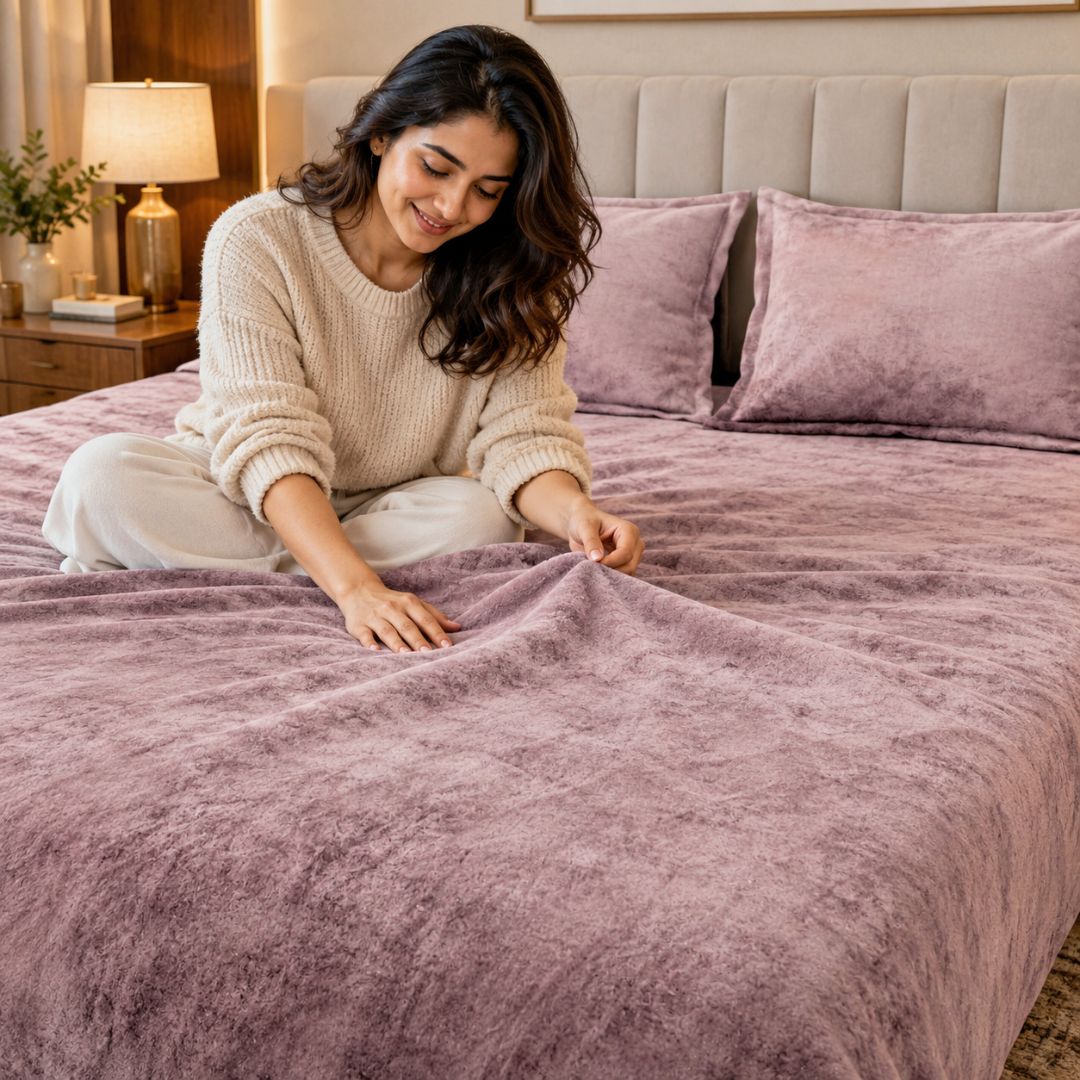 Rustic Rose Super Soft Woolen Double Bedsheet with Matching Pillow Covers