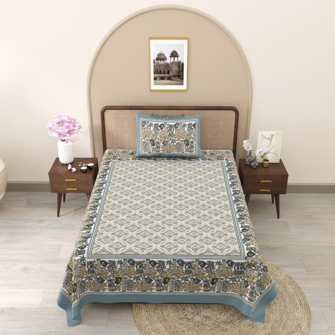 Pattachitra collection Grey and Golden Single Bedsheet