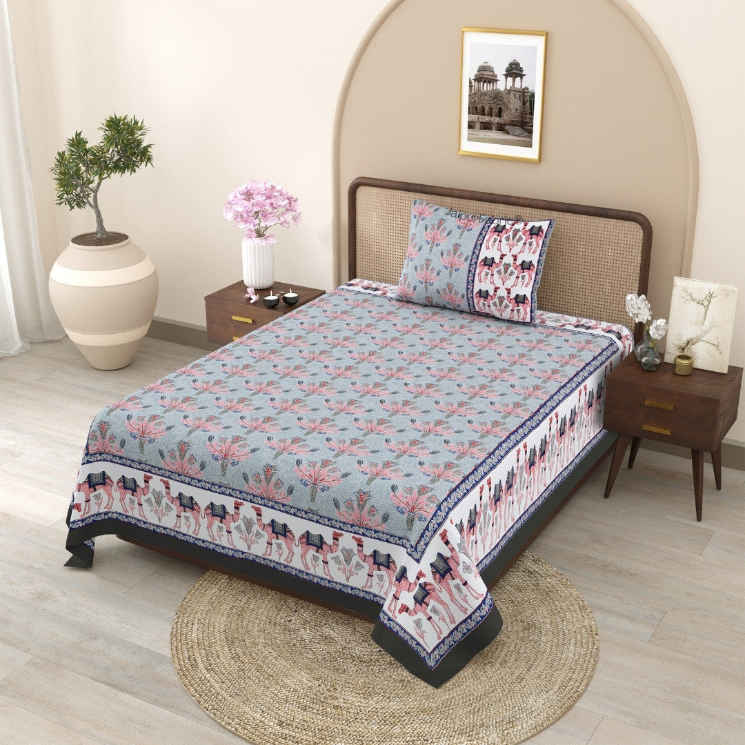 Blue Pottery & Rajasthani Garden 240 TC Pure Cottong Single Bedsheet Combo