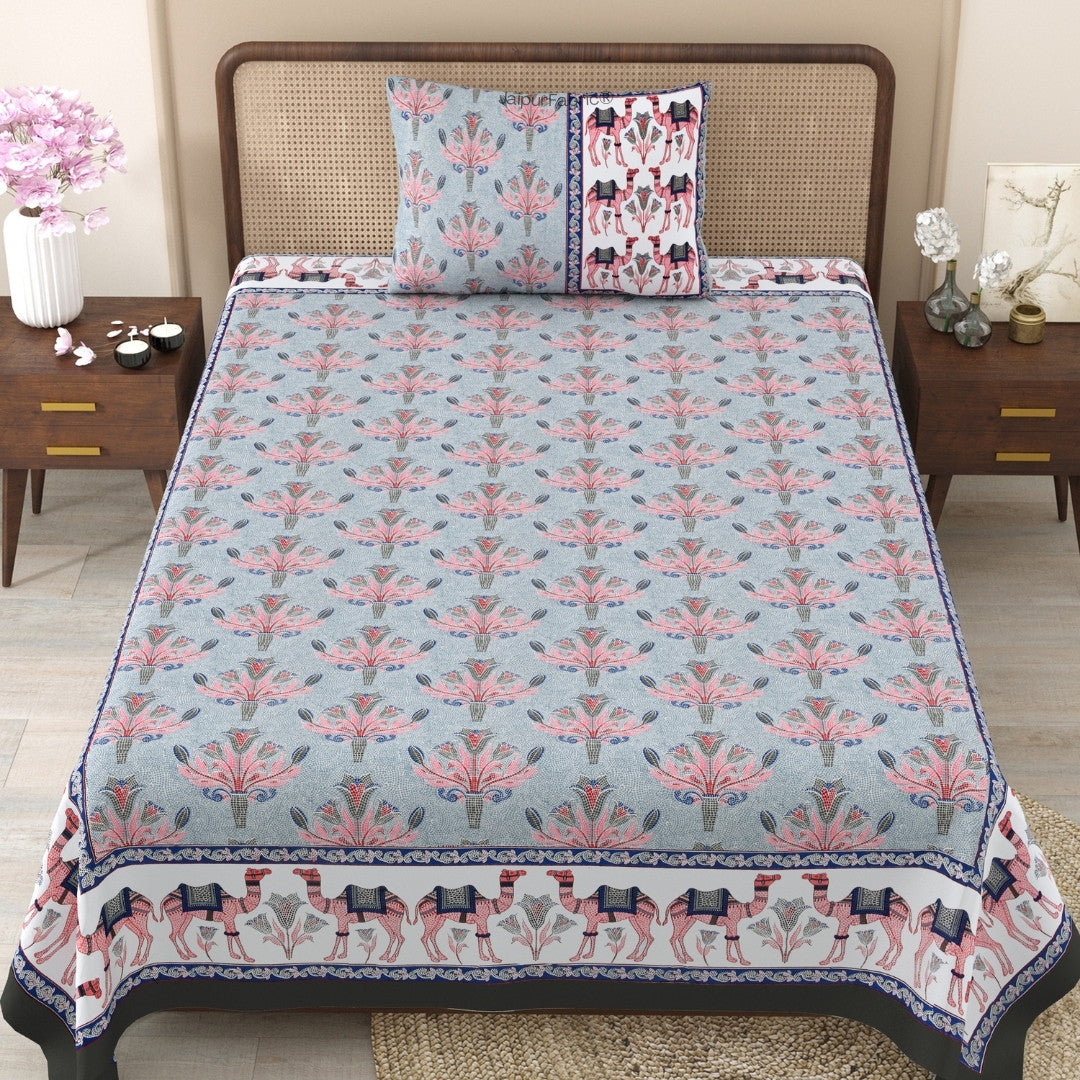 Blue Pottery & Rajasthani Garden 240 TC Pure Cottong Single Bedsheet Combo