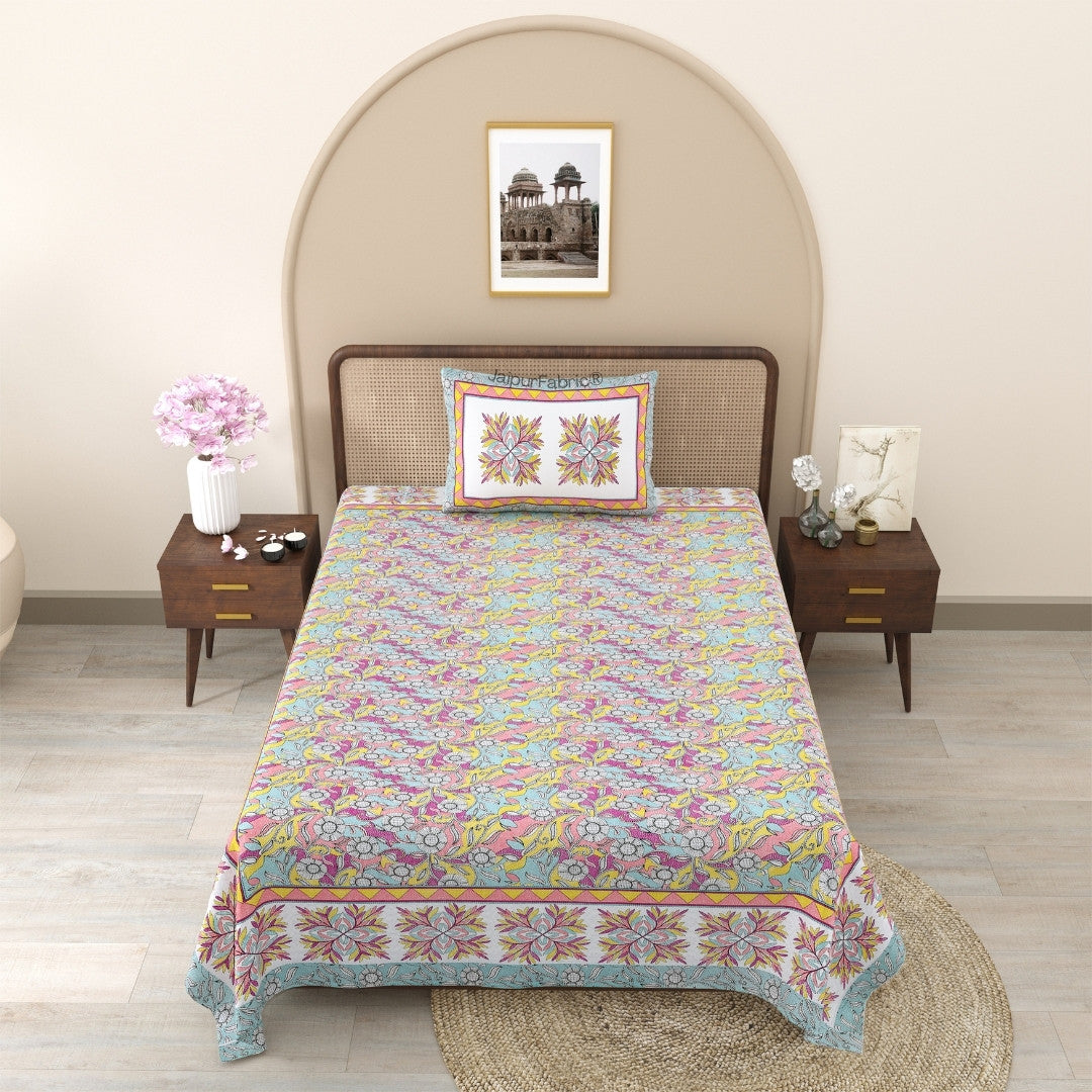 Amber Gold & Summer Lotus 240 TC Pure Cottong Single Bedsheet Combo