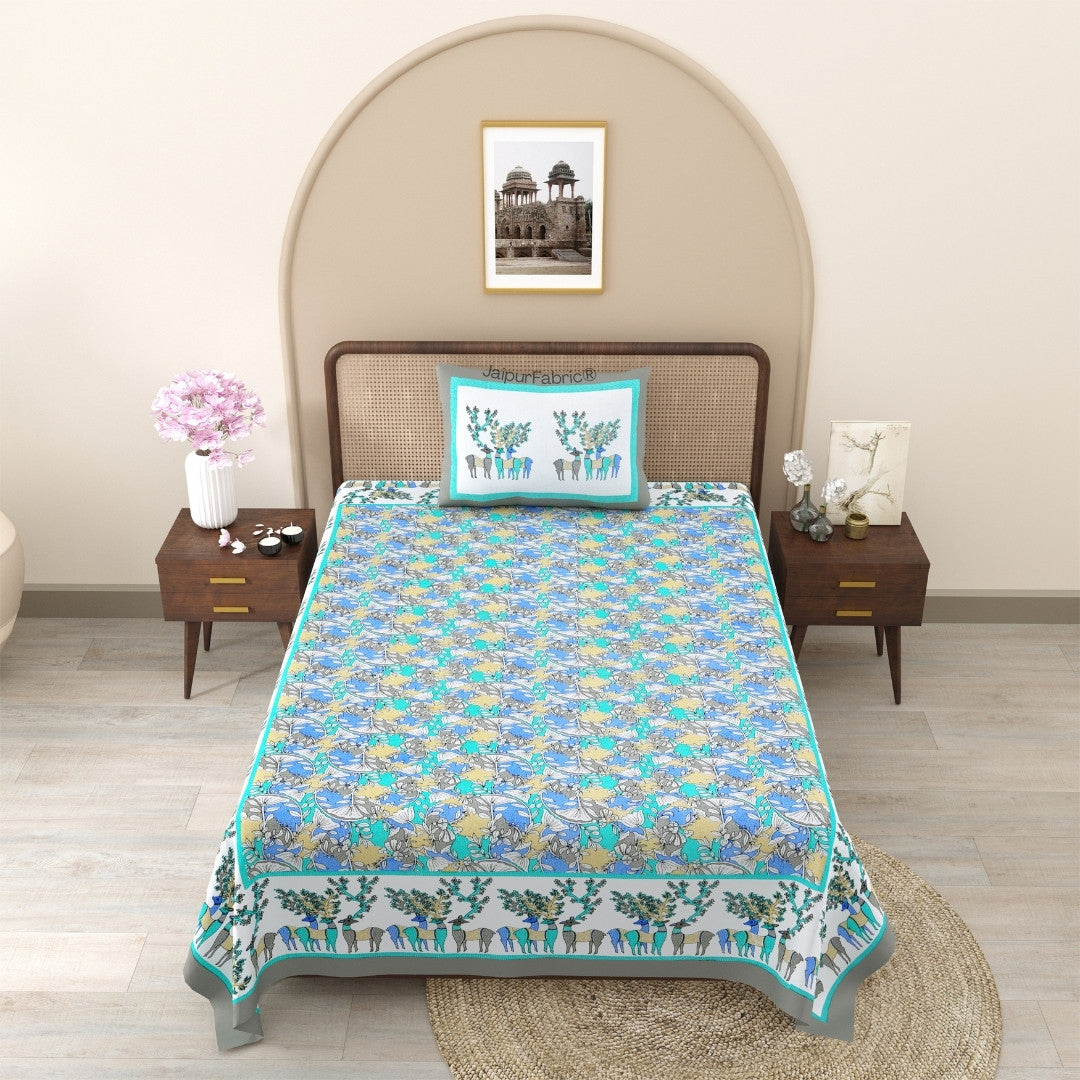 Deer Forest Green Pure Cotton Single Bedsheet