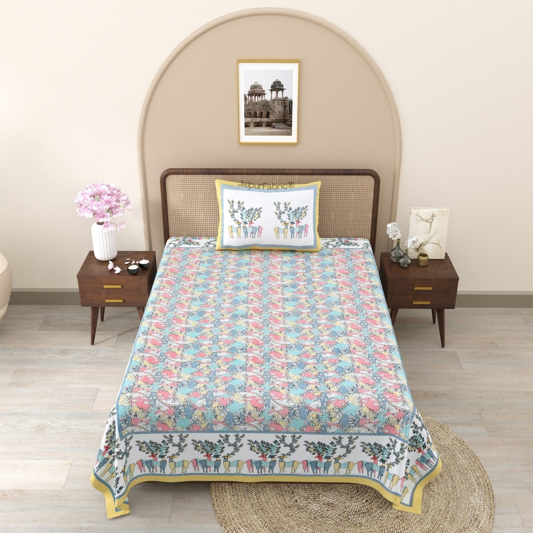 Indigo Bloom & Marigold Mirage 240 TC Pure Cottong Single Bedsheet Combo