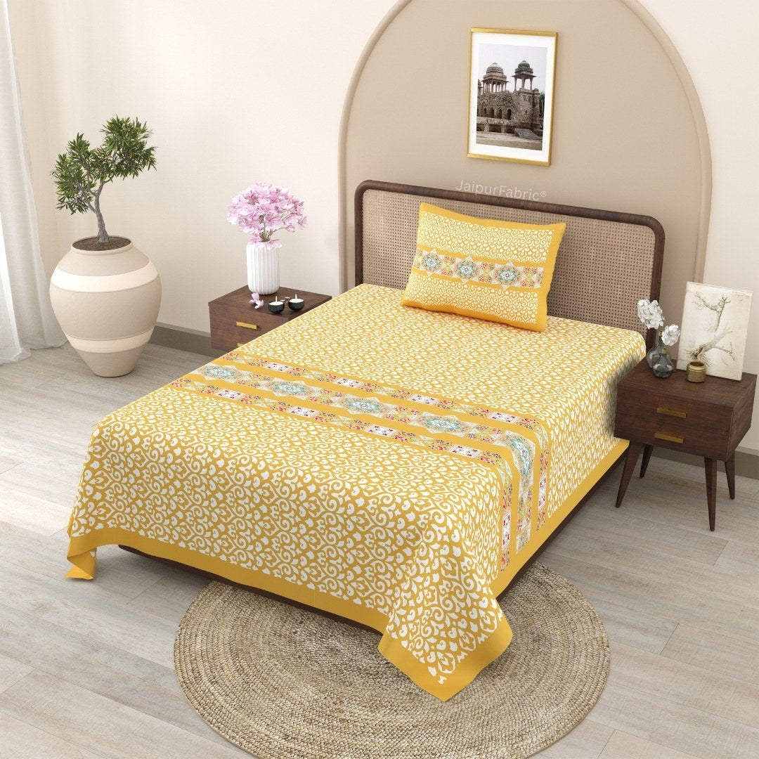 Yellow Ethnic Pure Cotton Single BedSheet