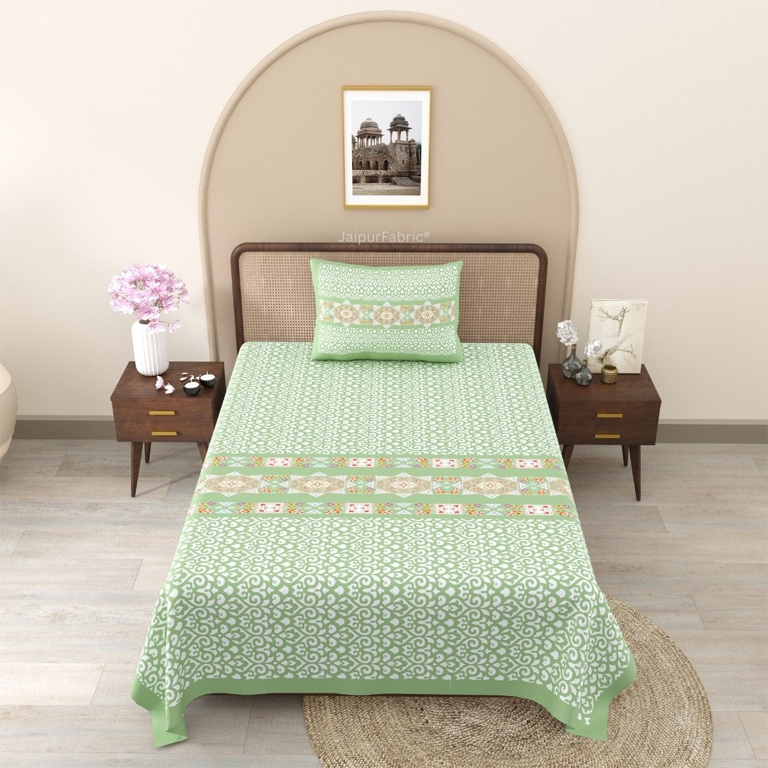 Green Ethnic Pure Cotton Single BedSheet