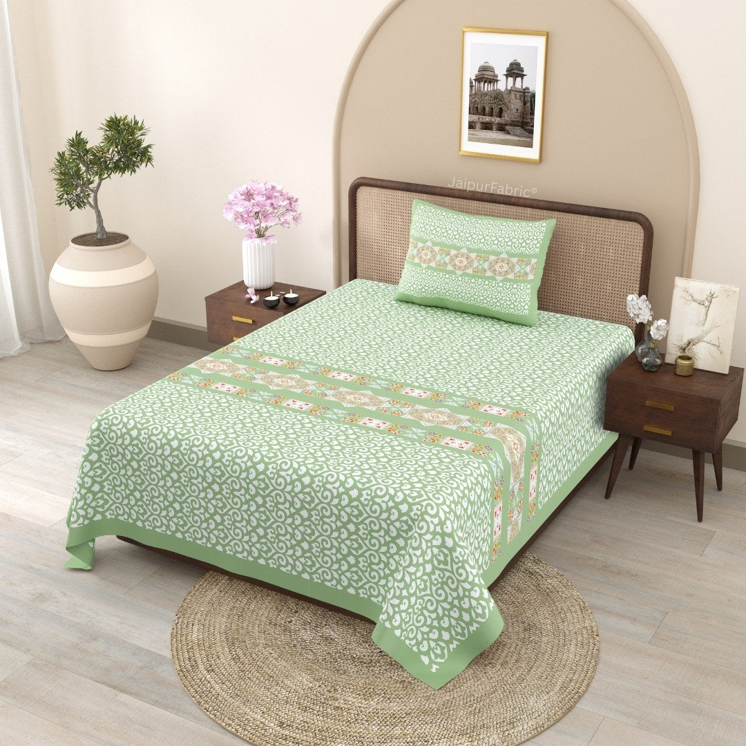 Green Ethnic Pure Cotton Single BedSheet