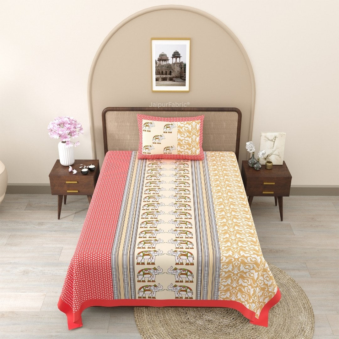 Yellowish Red Traditional Floral Pure Cotton Single BedSheet