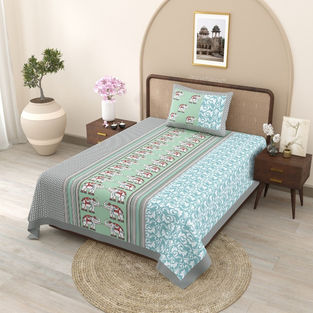 Sea Greenish Blue Traditional Floral Pure Cotton Single BedSheet